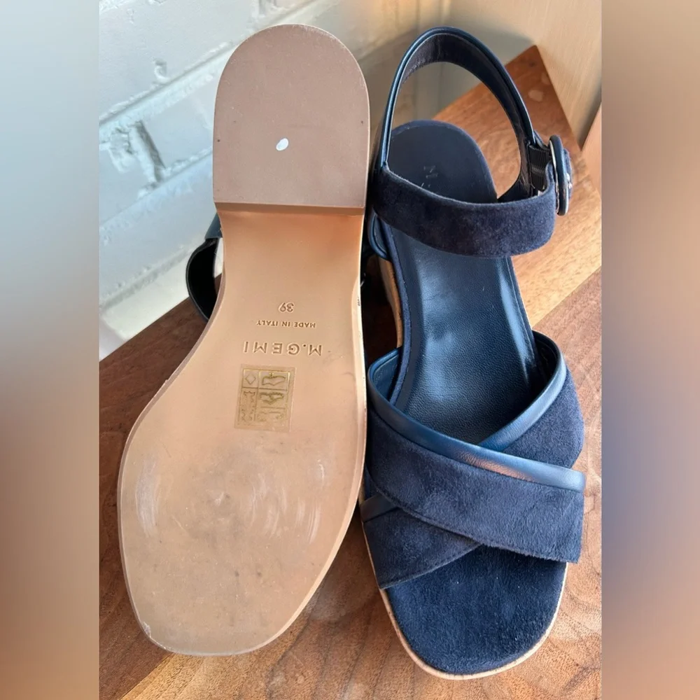 M. Gemi The Angela Italian Suede Leather Cork Platform‎ Sandal Navy Blue 39 8.5